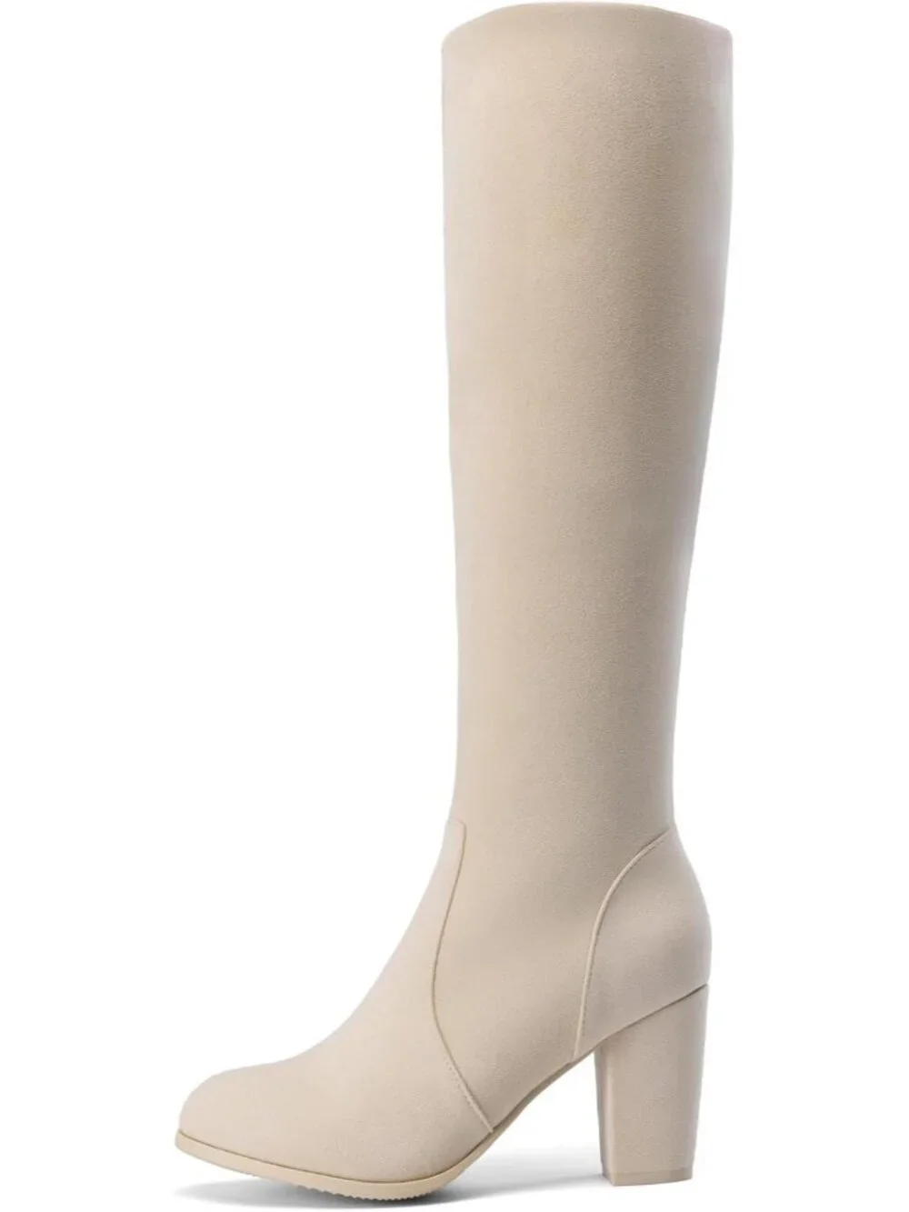 Women's Beige Faux Fur Lined Square Toe Side Zipper Knee High Riding Boots